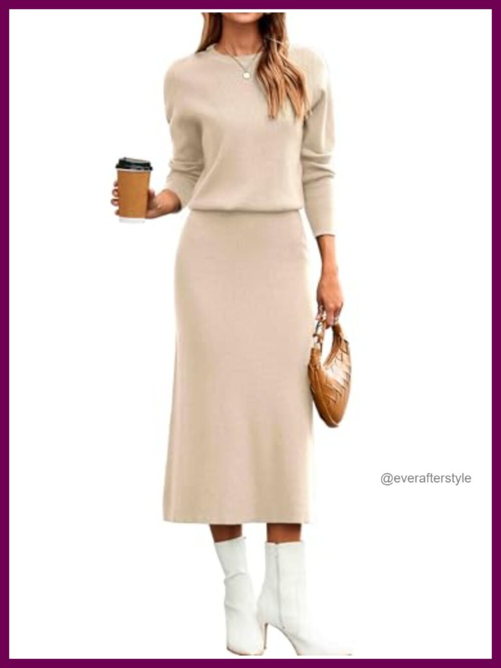Womens 2 Piece Knit Sweater and Midi Skirt Set Long Sleeve Crewneck